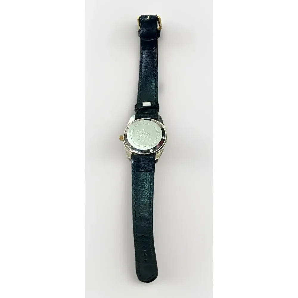 Elgin Quartz Watch Black Dial Day Date Gold Bezel Leather Strap ES173012 Works